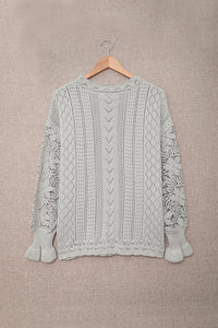 Gray Crochet Lace Pointelle Knit Sweater