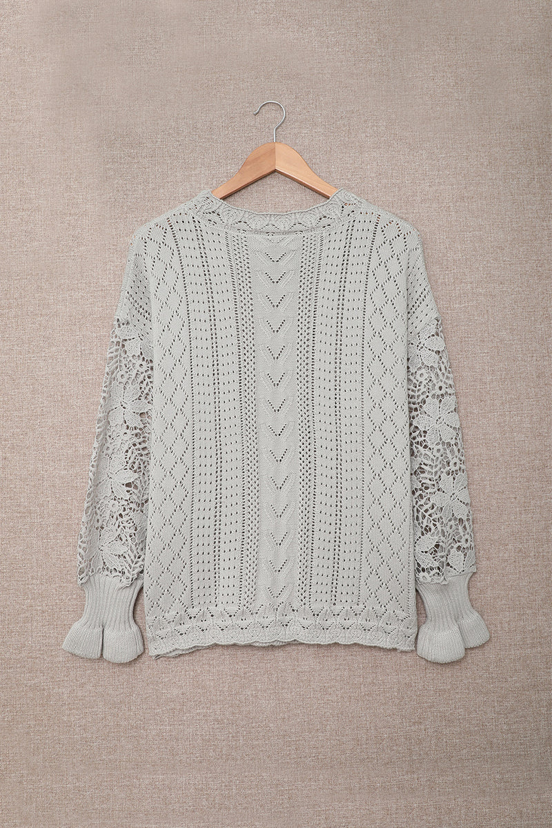 Gray Crochet Lace Pointelle Knit Sweater