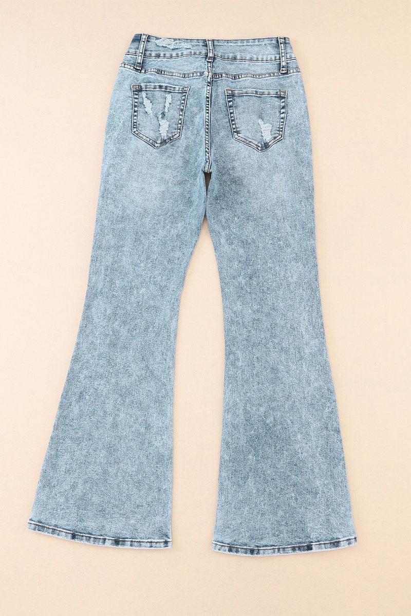 Sky Blue Subtle Ripped Detail Flare Bottom Jeans