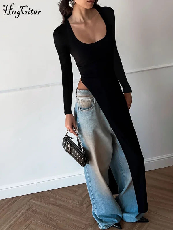 Hugcitar Autumn Fashion Solid Long Sleeve Slit Irregular Sexy Bodycon Maxi Dress Women Casual Y2K New Outfits Party Vacation