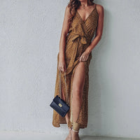 Summer Floral Print Long Dress Women Sexy Backless Bandage Slit Beach Sundresses Casual Elegant Black V Neck Sleeveless Dress