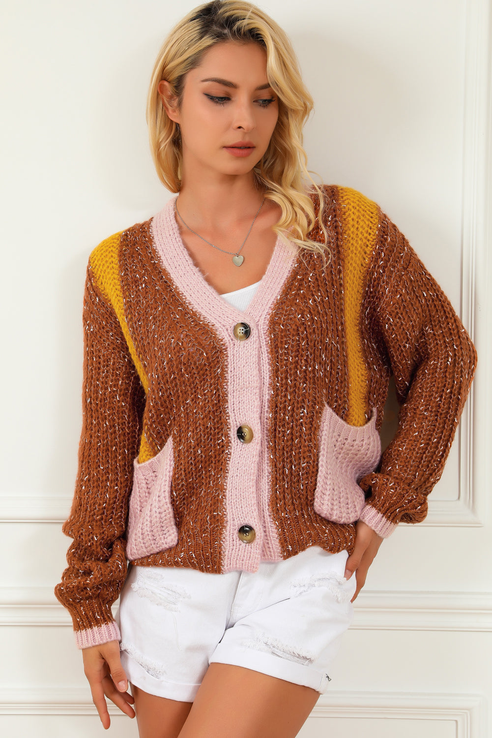 Brown Dual Pockets Colorblock Sweater Cardigan