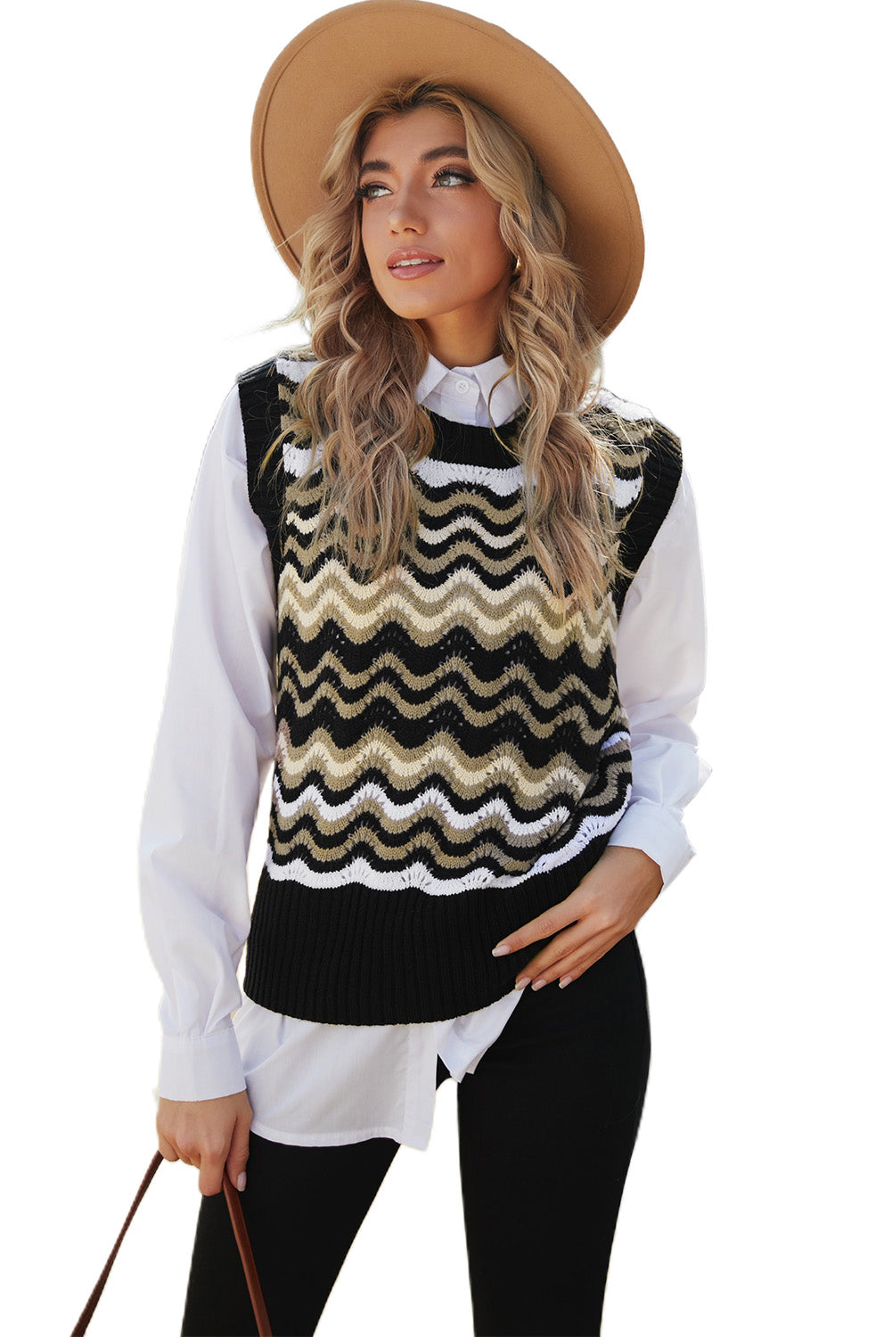 Black Wavy Stripes Knit Vest Pullover Sweater