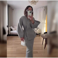 Elegant Puff Sleeve Slim Fit High Waist Women Coat Skirt Sets Fashion V Neck Solid Button Lady 2 Piece Set 2024 Chic Street Wear