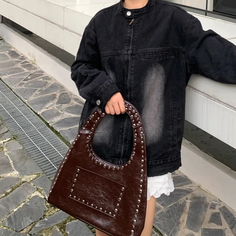 24 new retro rivet decorative shoulder bag European and American motorcycle wind oil wax leather armpit handbag for women