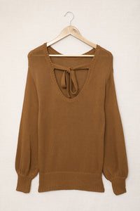 Brown Drop Shoulder Back Cut-out Sweater with Tie