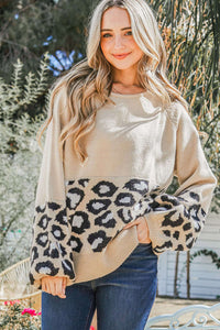 Khaki Leopard Patchwork Knitted Puff Sleeve Sweater