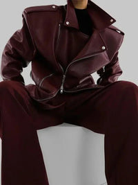 Women Burgundy Leather Double Zipper Motorcycle Jacket Fashion Loose Lapel Long Sleeve Pu Cropped Coats Autumn Female Streetwear