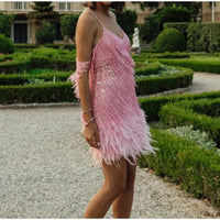 2023 New Sexy Tassel Sequins Feather Mini Dress Women Spaghetti Strap Stitching Dresses Female Elegant Evening Party Club Dress