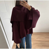 2024 Burgundy Women's Chic Scarf Collar Jackets Autumn Fashion Long Sleeved Casual Loose Coat New Ladies Elegant Street Outwear