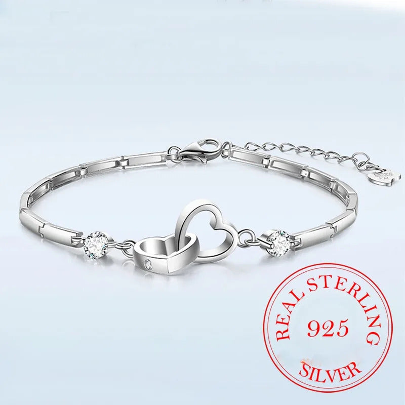 New Charms 925 Sterling Silver Bracelets Bangles for Women Valentine's Days Gift Cubic Zircon Double Heart Bracelet Jewelry