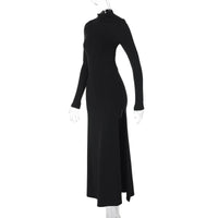 Women Black Solid Casual High Slit Long Sleeve Backless Maxi Dress Sexy Bodycon Half High Neck Streetwear Female Long Dresses