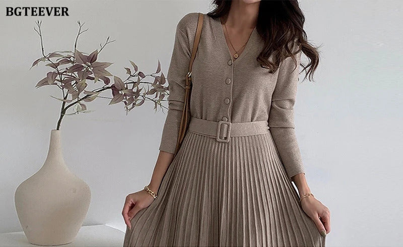 BGTEEVER Elegant V-neck Single-breasted Women Thicken Sweater Dress 2021 Autumn Winter Knitted Belted Female A-line soft dresses