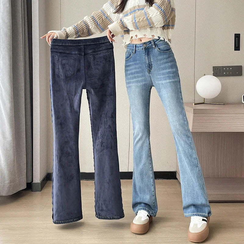 2023 Fashion New Women Warm Plush Flared Jeans Thermal Fleece Loose Denim Pants Female High Waist Urban Straight Flare Trouser