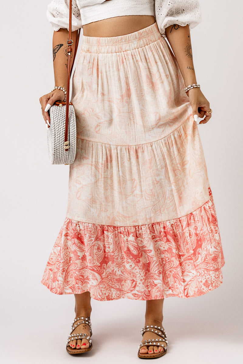 Pink Floral Print Ruffle Hem Tiered Maxi Skirt