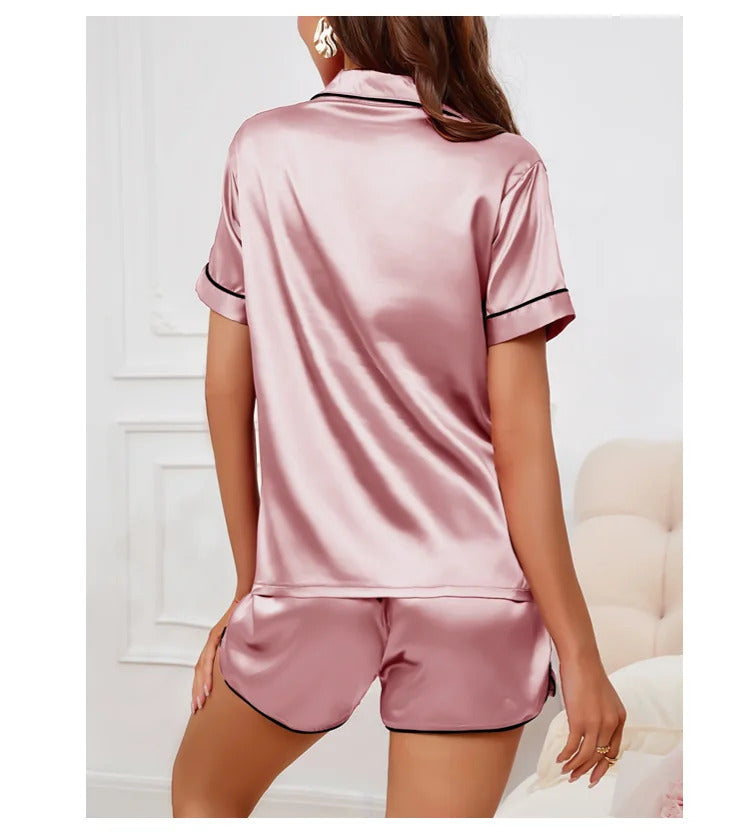 Women's Pajamas Lounge Set Heart Embroidered Pocket Patched Sleepwear Button Down Short Sleeve Top & Shorts Pyjama Home Clothing