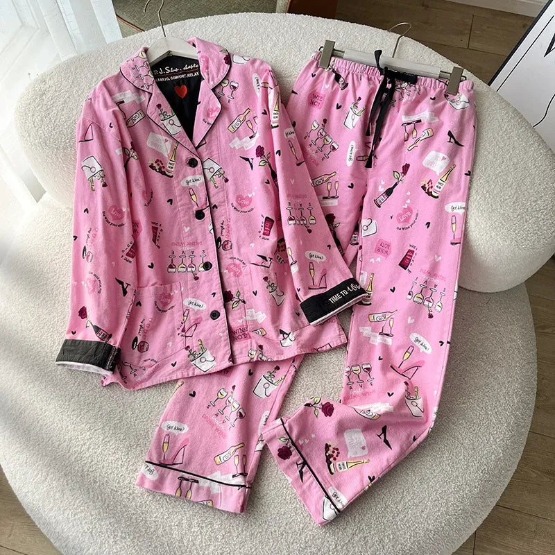 100% Cotton Pajamas for Women Loose Cartoon Long Sleeve Pants Loungewear Women 2 Piece Set Pj Women Outfit Sleepwear Set Pijamas