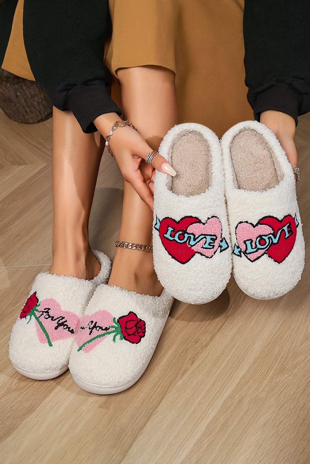 White Valentines Double Heart Graphic Winter Plush Slipper