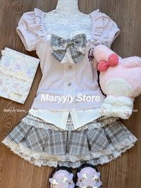 Japanese Sweet Preppy Style Skirt Set Women Kawaii Lace Patchwork Bow Tops + Y2k Plaid Mini Skirt Elegant Outifits 2 Piece Set