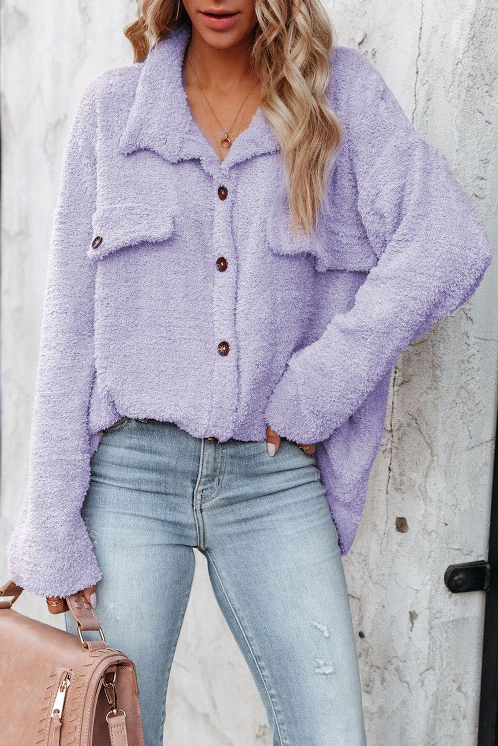 Purple Plush Button Down Pocketed Shirt Jacket