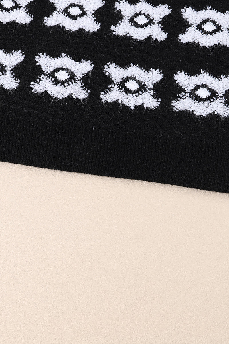 White Printed Retro Flower Pattern Knit Fuzzy Sweater