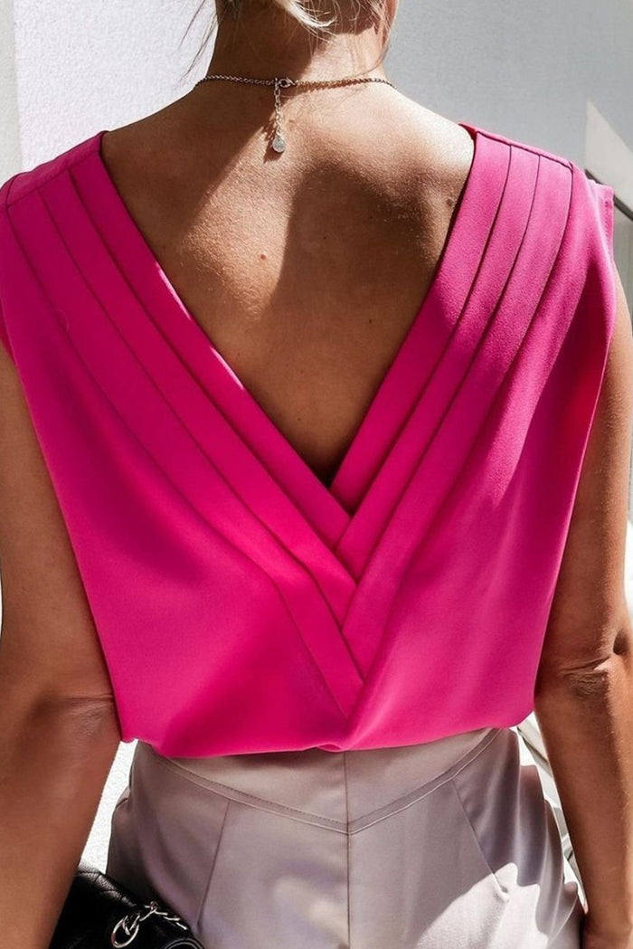 Rose V Neck Pleated Backless Cap Sleeve Top