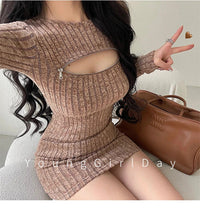 WOMENGAGA Sexy Hollow Zipper Tight Long Sleeved Sweater Knitted Dress Elegant Short Dress Fashion Sweet Kroean Women Top 1S4E