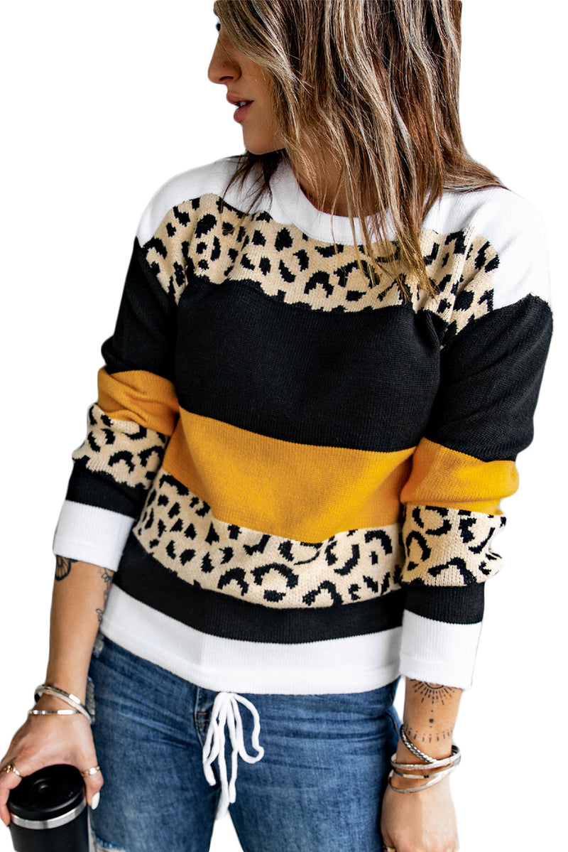 Crewneck Leopard Color Block Knit Pullover Sweater