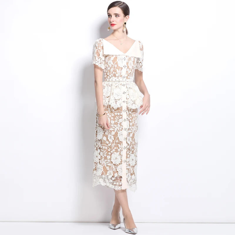 Quality Summer Beaded Diamonds Embroidery Beige White Lace Evening Dress Women Short Sleeve Ruffle Peplum Midi Prom Dresses Long