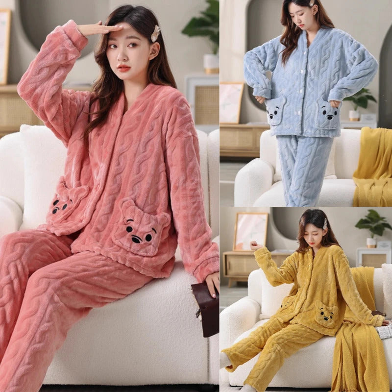 Thickened Warm Coral Velvet Pajamas Women's Autumn and Winter Padded Cartoon Bear Striped Flannel School Pajamas Winter Homewear