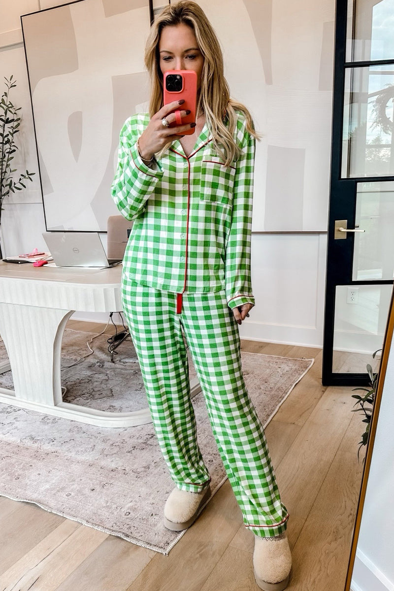 Light Green Christmas Plaid Print Shirt and Pants Pajama Set