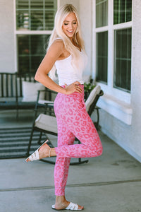 Pink Leopard Print Ankle-length High Waist Skinny Pants