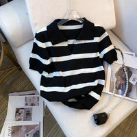 2024 New Striped Pattern Collared Sweater Versatile Short Sleeve Knitted Top For Spring & Summer Women's Clothing Crop Top