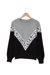 Black Colorblock Chevron Leopard Pullover Sweater