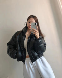 AI.Fashion Winter Thick Black Faux Leather Parkas Women PU Short Coats Women Elegant Zipper Padded Jackets Female Ladies