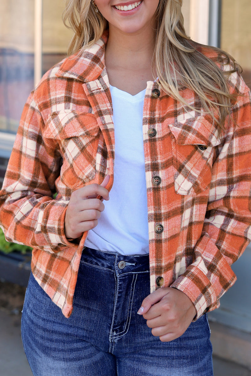 Orange Plaid Button-Up Flap Pocket Jacket