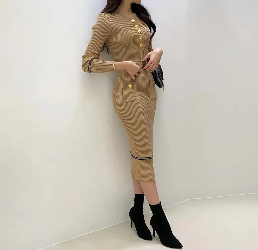 Autumn Winter Women Knitted Dress Brand Fashion O-neck Buttons Bodycon Sweater Dress with Belt Lady Office Dress