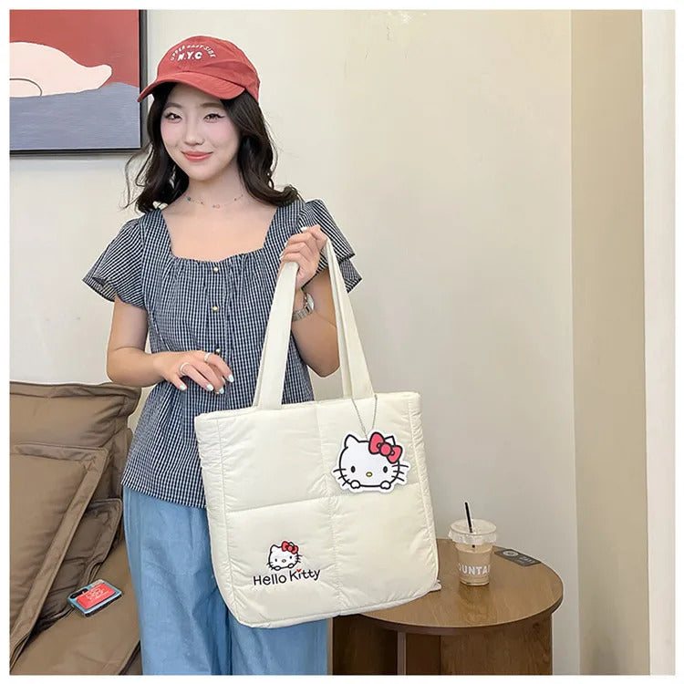 2024 New Sanrio Handbag Cartoon Cute Down Fabric Kuromi Tote Bag Shoulder Pacha Dog Cute Stationery Bag Large Capacity Handbag