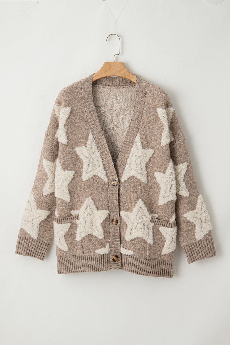 Khaki Sherpa Star Pattern Textured Sweater Cardigan with Pockets