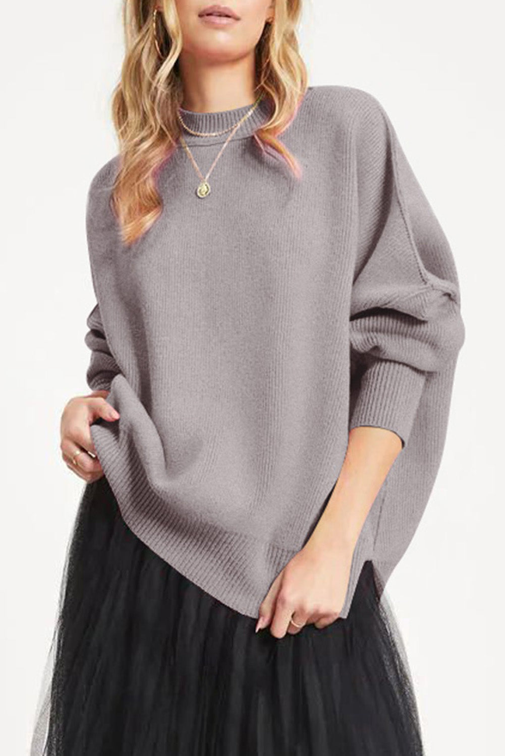 Gray Oversized Drop Shoulder Bubble Sleeve Pullover Sweater