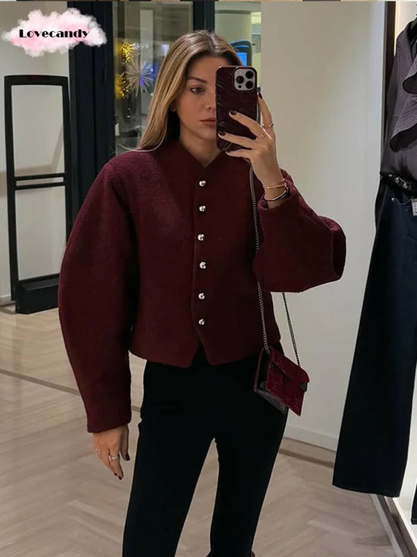 Burgundy Red Round Neck Woolen Coat Causal Single Breasted Long Sleeve Short Jackets 2025 Spring Autumn Lady Highstreet Outwear