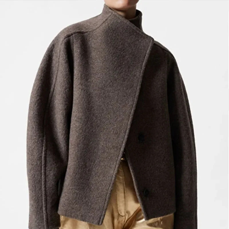 Brown Stand Collar Long Sleeve Woolen Short Coat Women Fashion Single Breasted Loose Jacket Autumn New Warm Female Chic Outwear