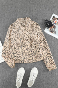 Leopard Print Zipper Lapel Collar Jacket