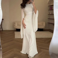 Fashion Satin Solid Robe Dress Ladies Temperament O-neck Slim Evening Dress Elegant Batwing Sleeves High Waist Pleats Long Dress