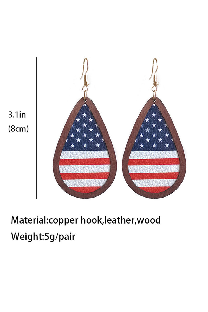 Blue Wood Frame Leather Flag Earrings