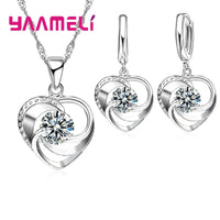 925 Sterling Silver Stamped Necklace Earrings Set Long Chain Sweet Romantic Style Love Heart Shape For Women Lady Wife