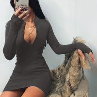 Women Half Zip Up Bodycon Party Dress Spring Autumn Long Sleeve Slim Rib Knitted Mini Dresses MYJ-myj16888