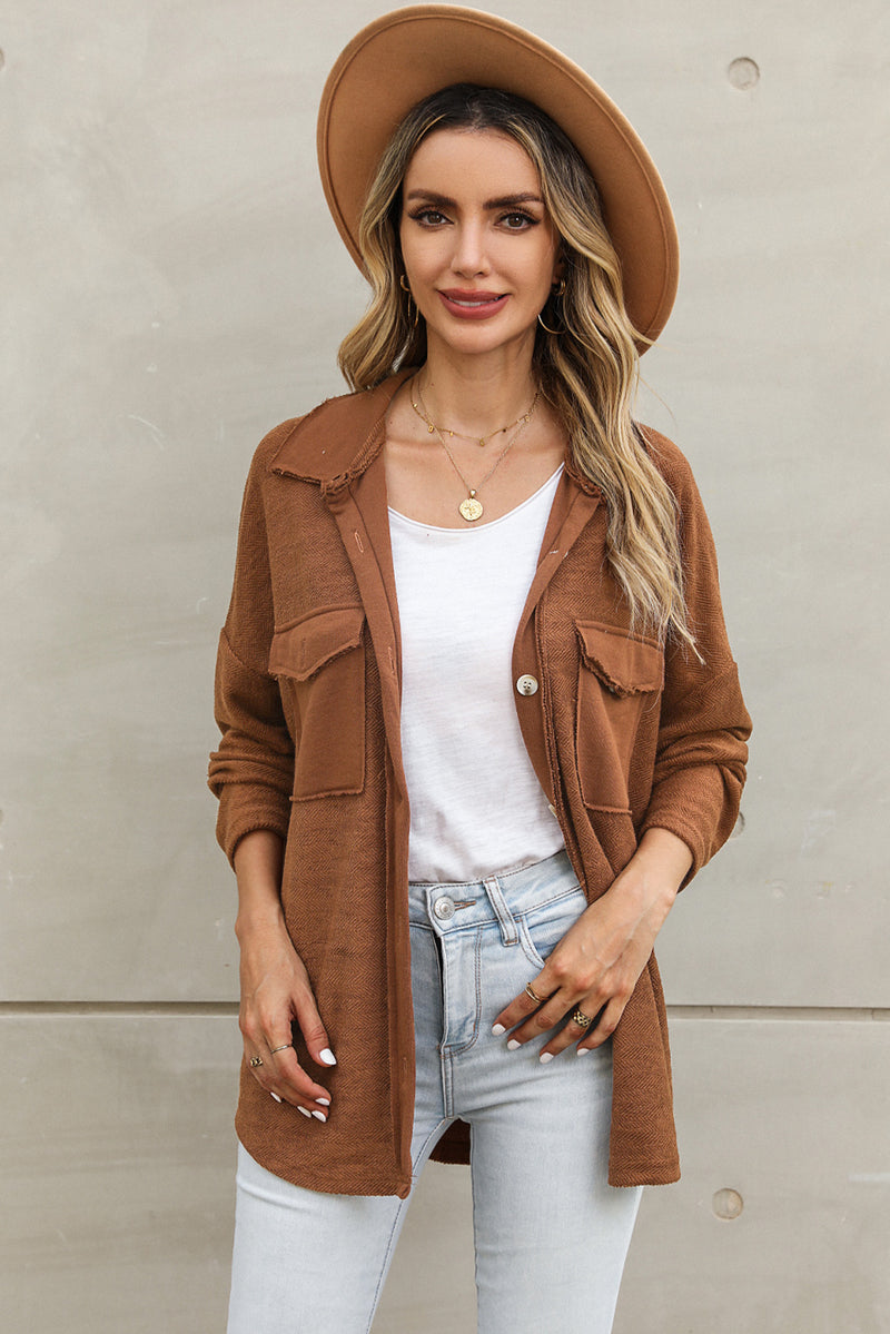 Brown Contrast Flap Pockets Relaxed Shacket