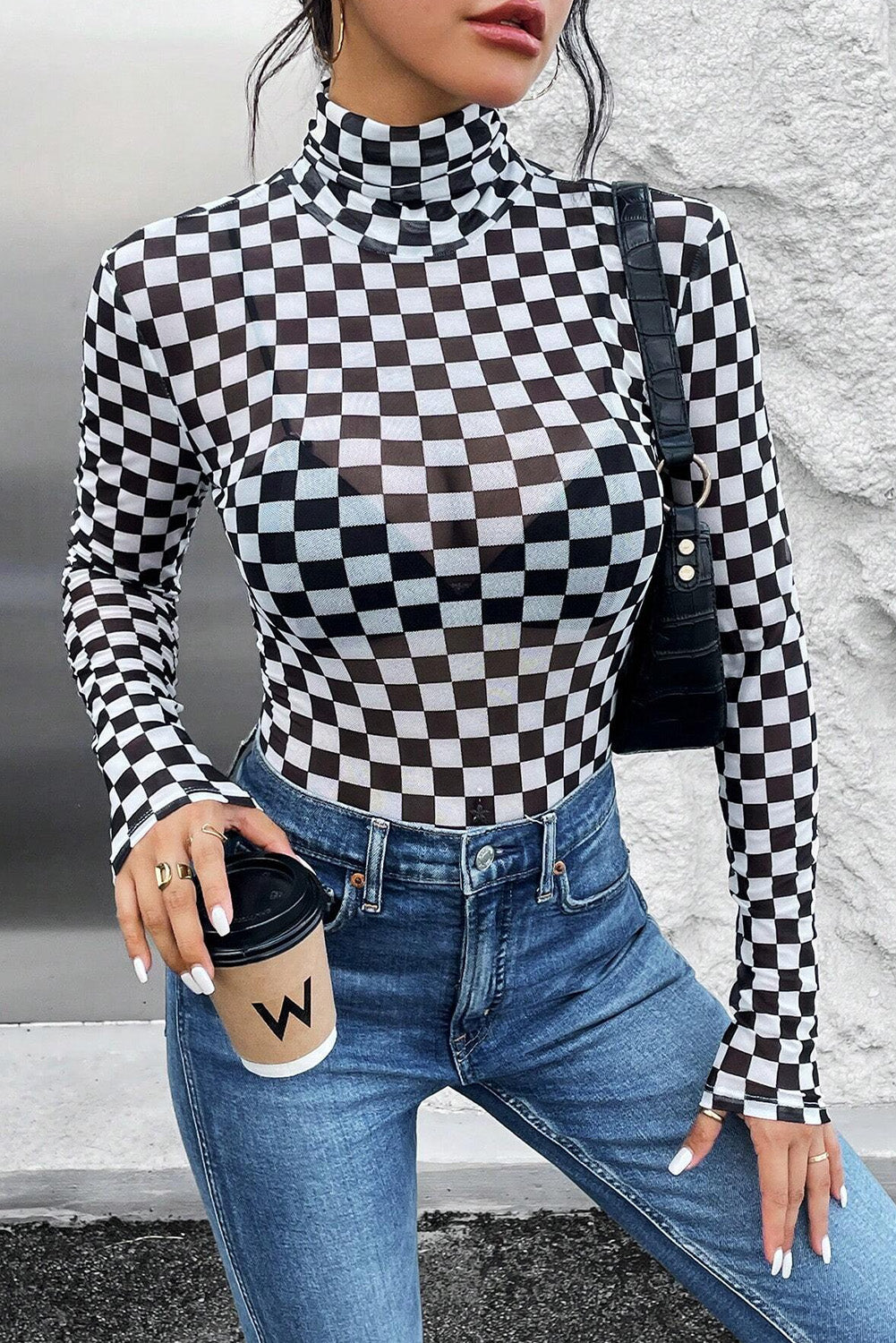 Black Checkered Printed Long Sleeve High Neck Bodysuit