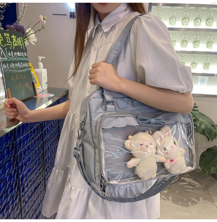 Japanese Cute Transparent Canvas Itabag Fashion Girls One Shoulder Bag Student Personality Crossbody Bag with Badge Doll Ita Bag